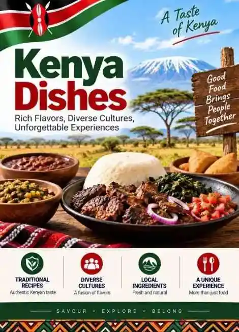 Traditional Kenyan food including ugali, nyama choma and Swahili dishes